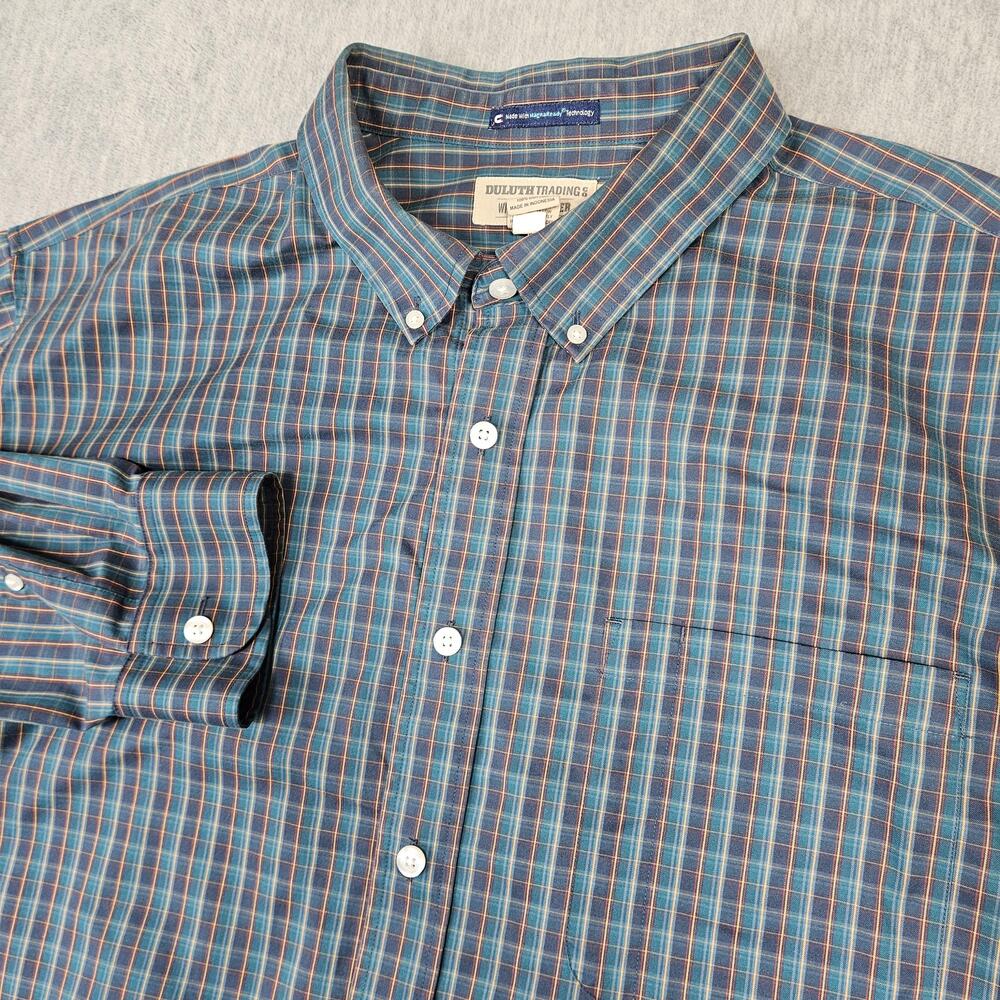 Duluth Trading Shirt Mens 2XLT Blue Plaid Magnet Wrinklefighter Magnaready
